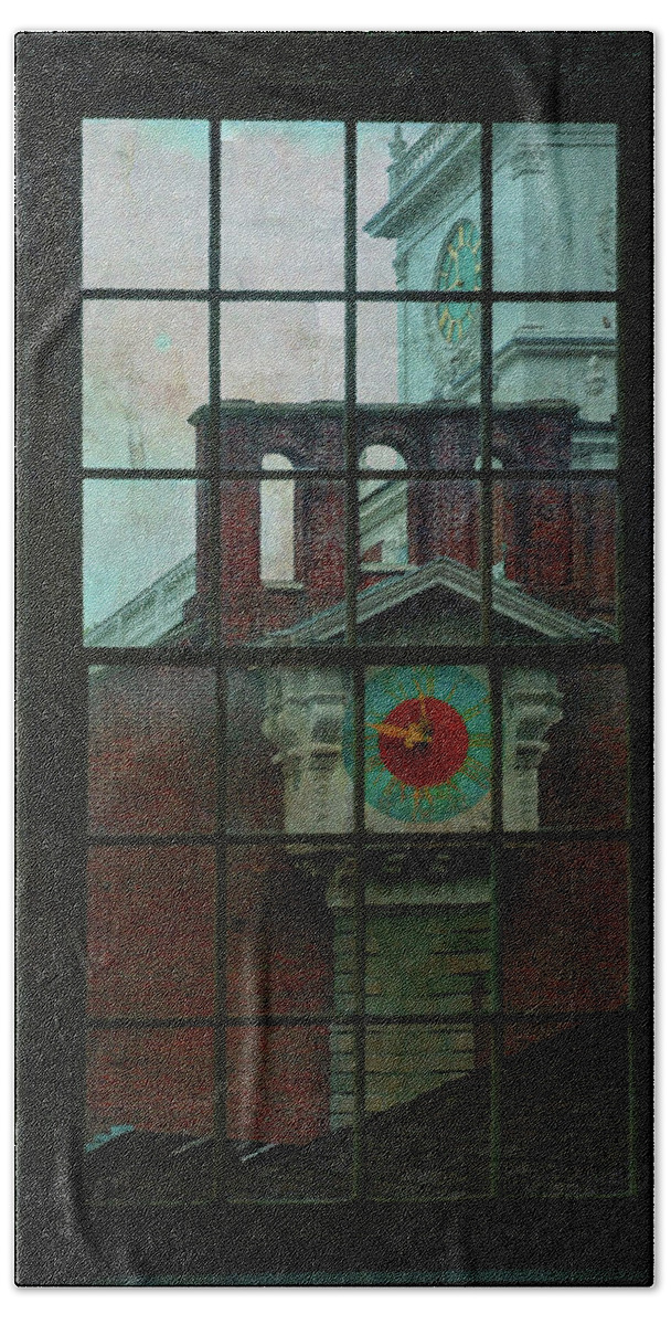 Congress Beach Towel featuring the photograph Independence Hall through Congressional Window by Jeff Burgess