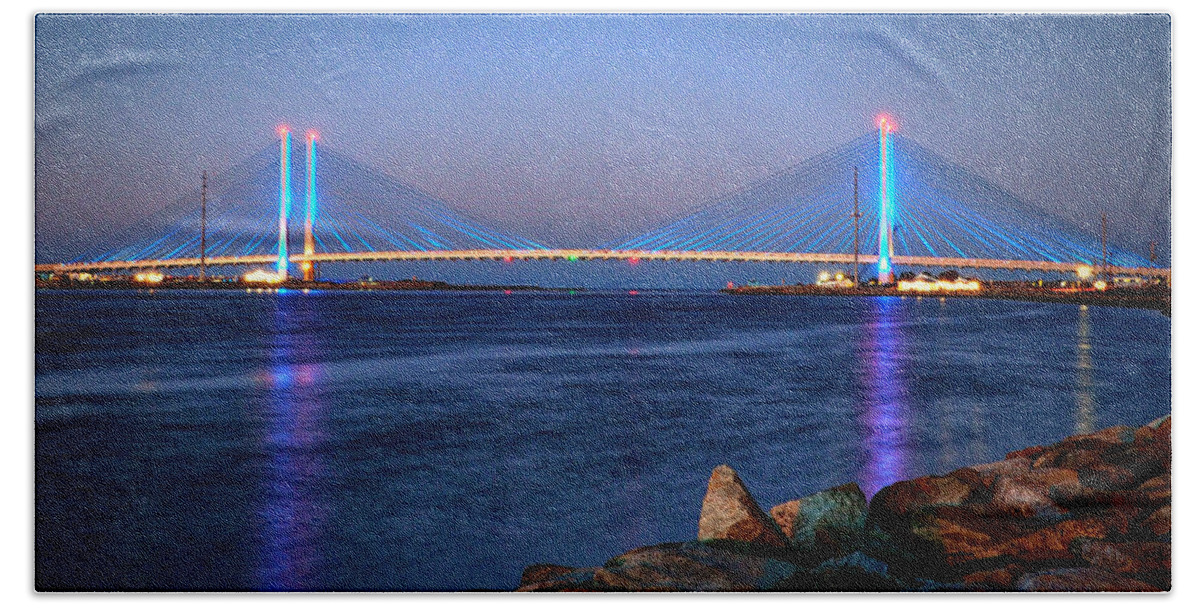 Indian River Inlet Beach Towel featuring the photograph Indian River Inlet Bridge Twilight by Bill Swartwout