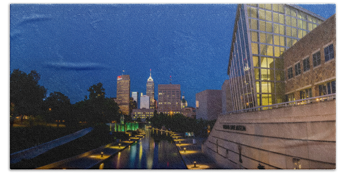 Art Beach Towel featuring the photograph Indianapolis Skyline from the Canal at Night by Ron Pate