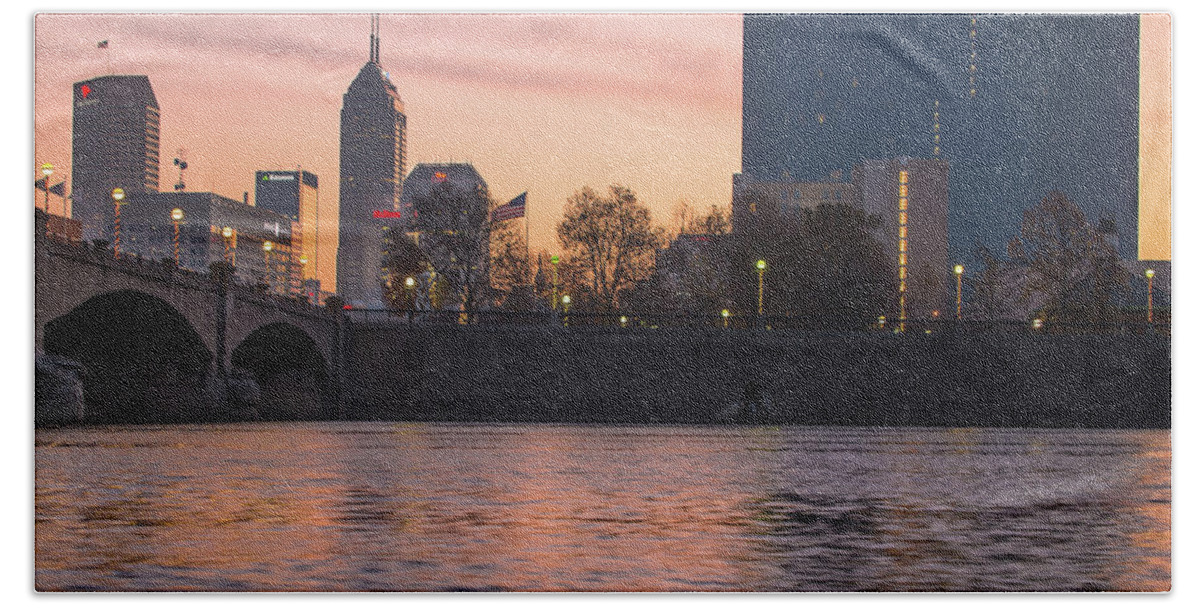 America Beach Towel featuring the photograph Indy Skyline On the River - Indianapolis Morning by Gregory Ballos