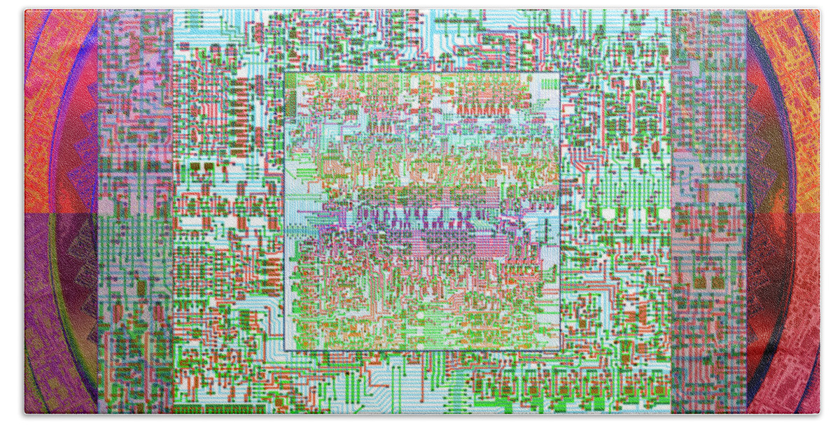 Intel Cpu Beach Towel featuring the digital art Intel 4004 CPU Silicon Wafer computer Chip Integrated Circuit Mask Abstract, Composition 1 by Kathy Anselmo