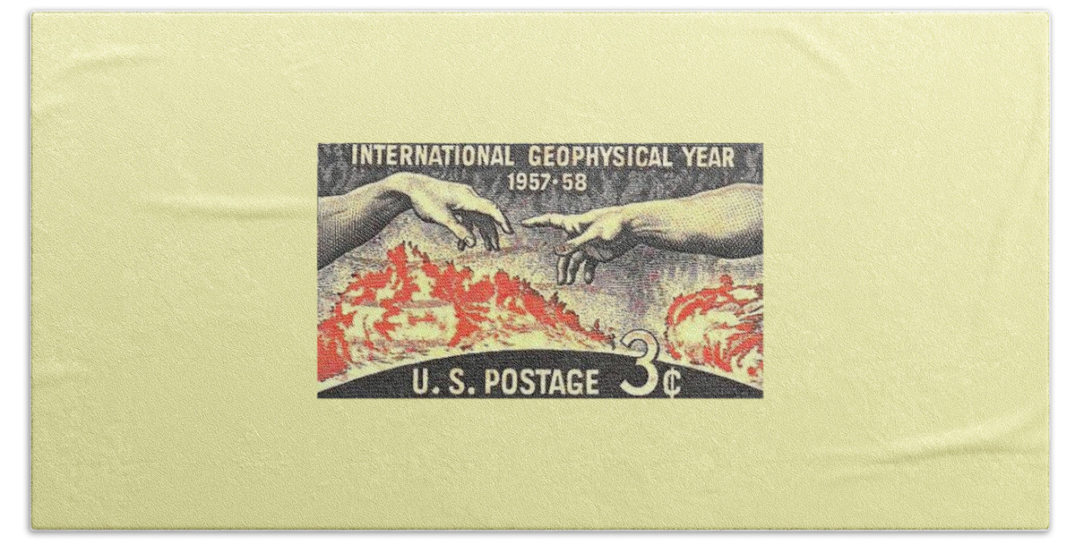 Memorabilia Beach Sheet featuring the digital art International Geophysical Year Stamp by Robert Grubbs