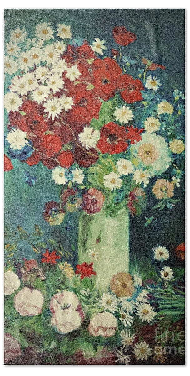 Still Life Beach Sheet featuring the painting Interpretation of Van Gogh still life with meadow flowers and roses by Amalia Suruceanu