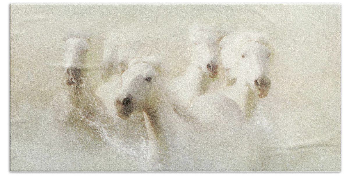 Wild Horses Of The Camargue Beach Sheet featuring the photograph Into the Mist by Karen Lynch