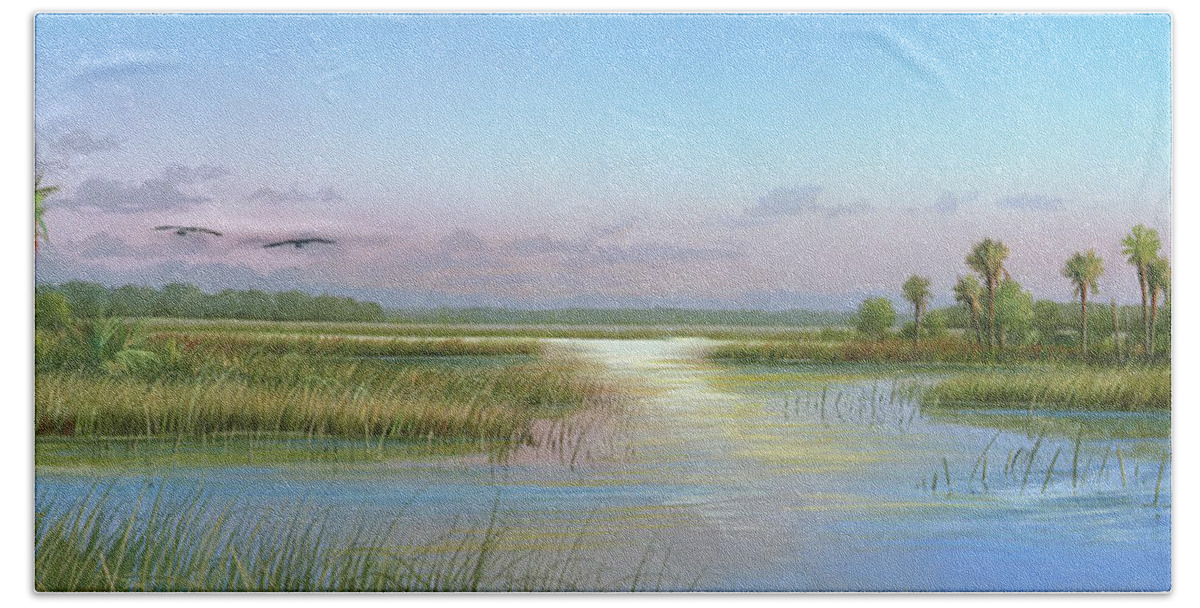 Marsh Beach Sheet featuring the painting Intracoastal Glimmer by Mike Brown