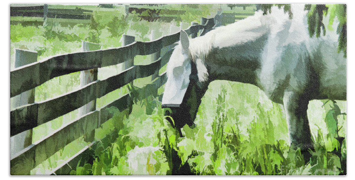 Horse Beach Sheet featuring the digital art Iowa Farm Pasture and White Horse by Wilma Birdwell