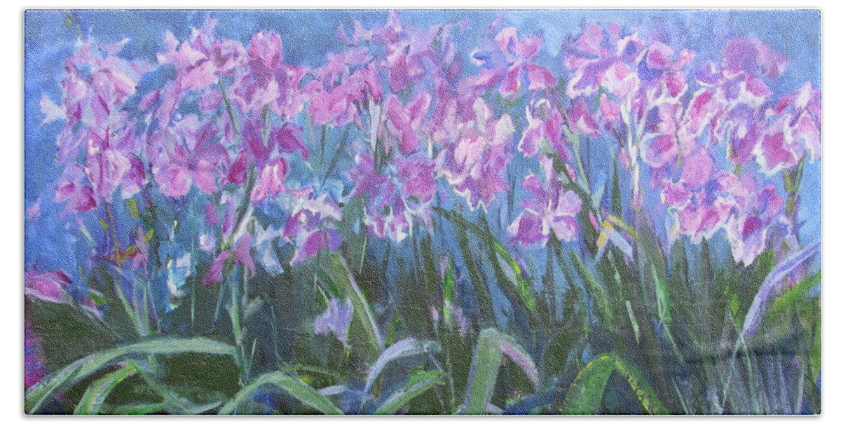 Masses Of Irises Beach Towel featuring the painting Irises en Mass by Betty Pieper