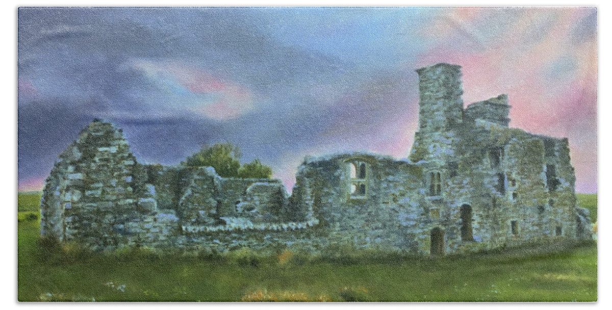 Castle Beach Towel featuring the painting Irish Castle Ruins by Richard Ginnett