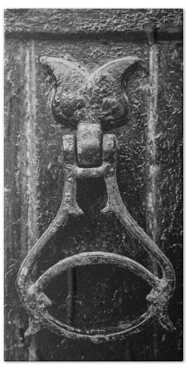 Black And White Beach Sheet featuring the photograph Iron Door Knocker by Allan Morrison