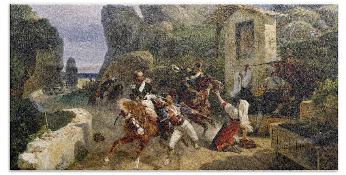 Horace Vernet Beach Towel featuring the painting Italian Brigands Surprised by Papal Troops by Horace Vernet