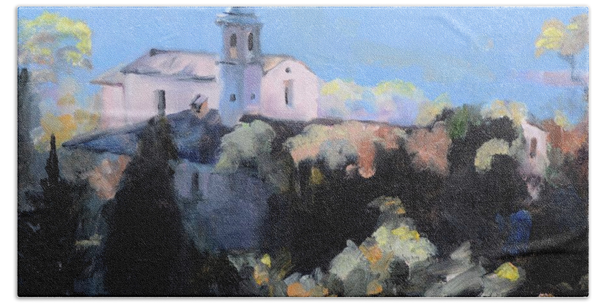 Italian Church Beach Towel featuring the painting Italian Church on a Hillside by Donna Tuten
