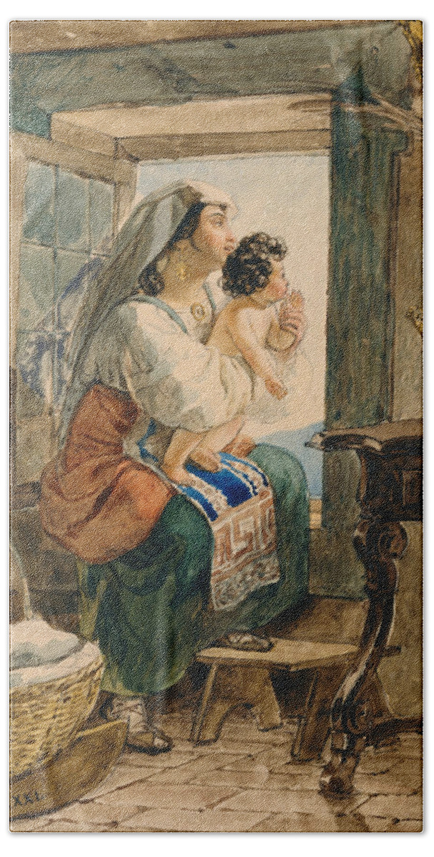 19th Century Art Beach Towel featuring the drawing Italian Woman with Child at Window by Karl Bryullov