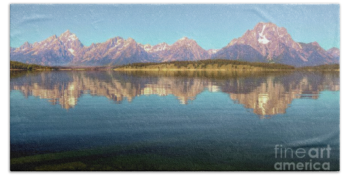 Jackson Lake Tetons Beach Towel featuring the photograph Jackson Lake Tetons Refection by Roxie Crouch