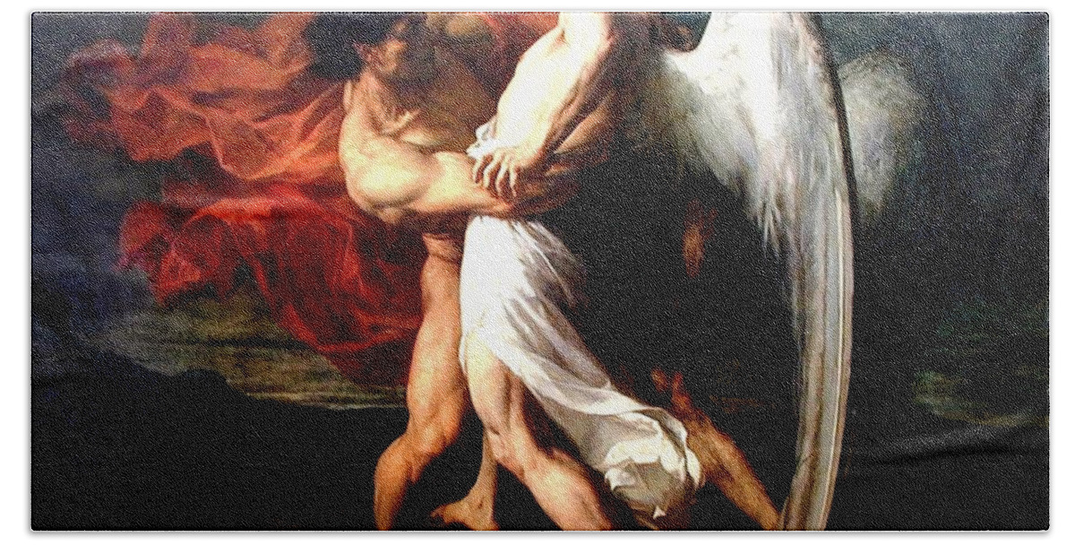 Jacob Wrestling With The Angel Beach Towel featuring the painting Jacob Wrestling with the Angel by Alexander Louis Leloir