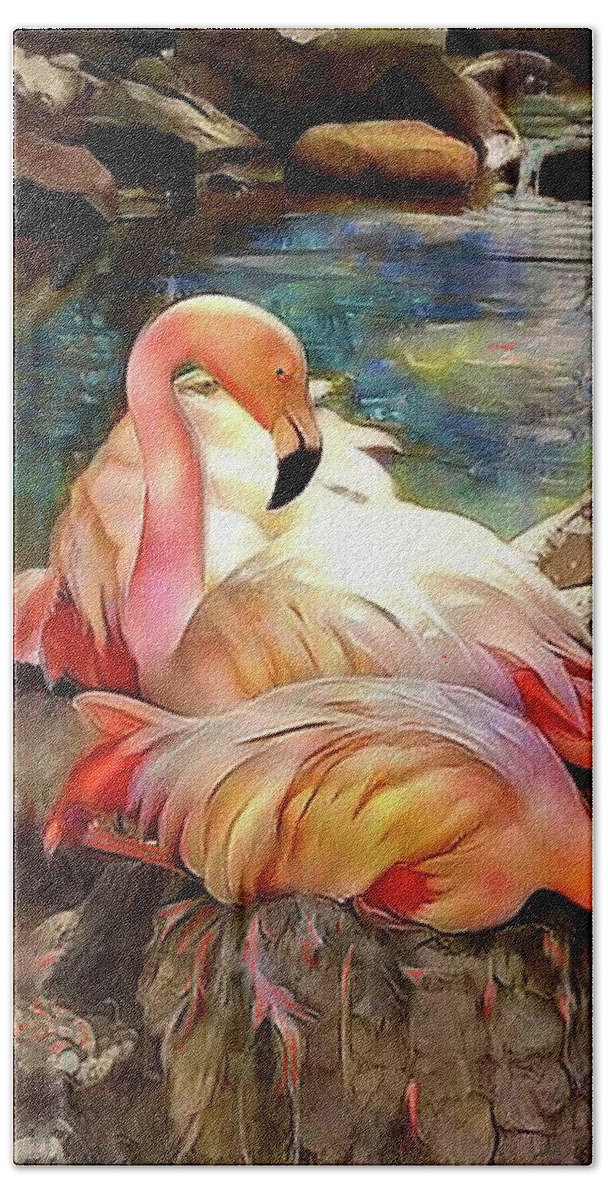 Birds Beach Towel featuring the digital art Jacqueline's Flamingos by Jann Paxton