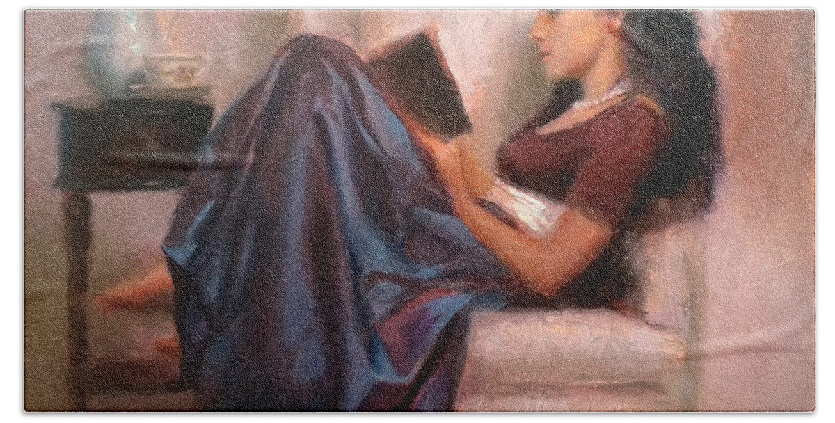 Girl Reading A Book Beach Sheet featuring the painting Jaidyn Reading a Book 2 - Portrait of Woman by K Whitworth