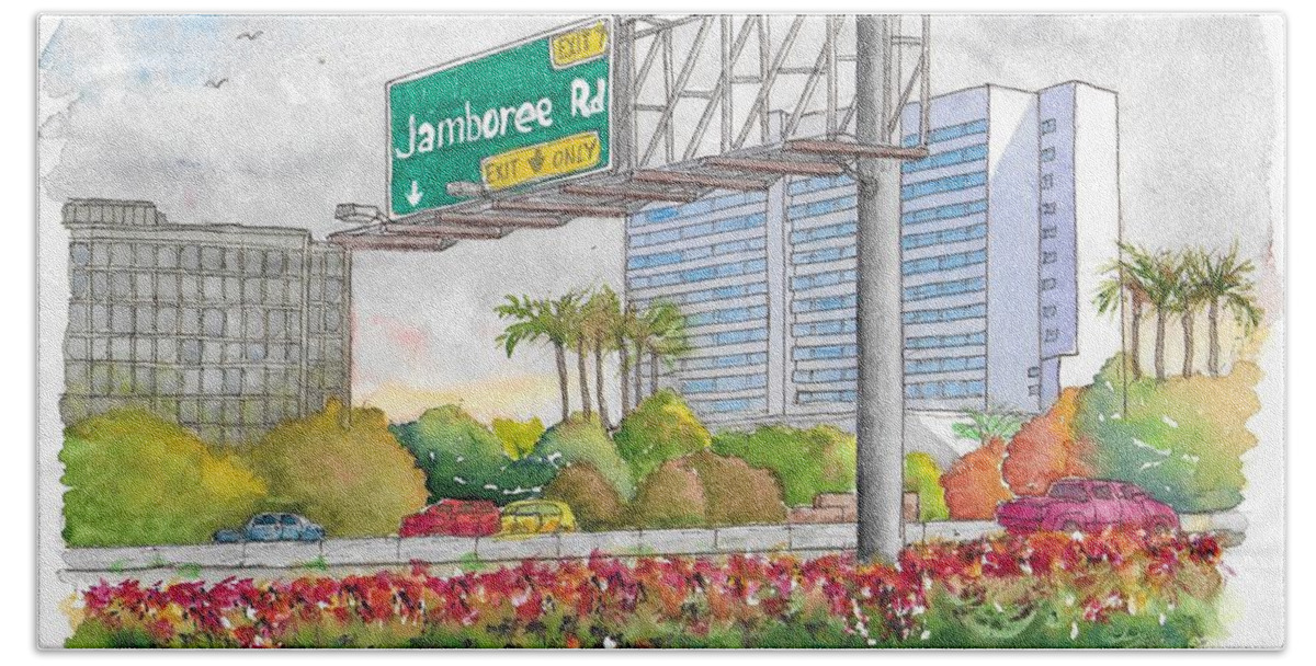 Irvine Beach Towel featuring the painting Jamboree Rd. Freeway 405 Exit Sign in Irvine, California by Carlos G Groppa