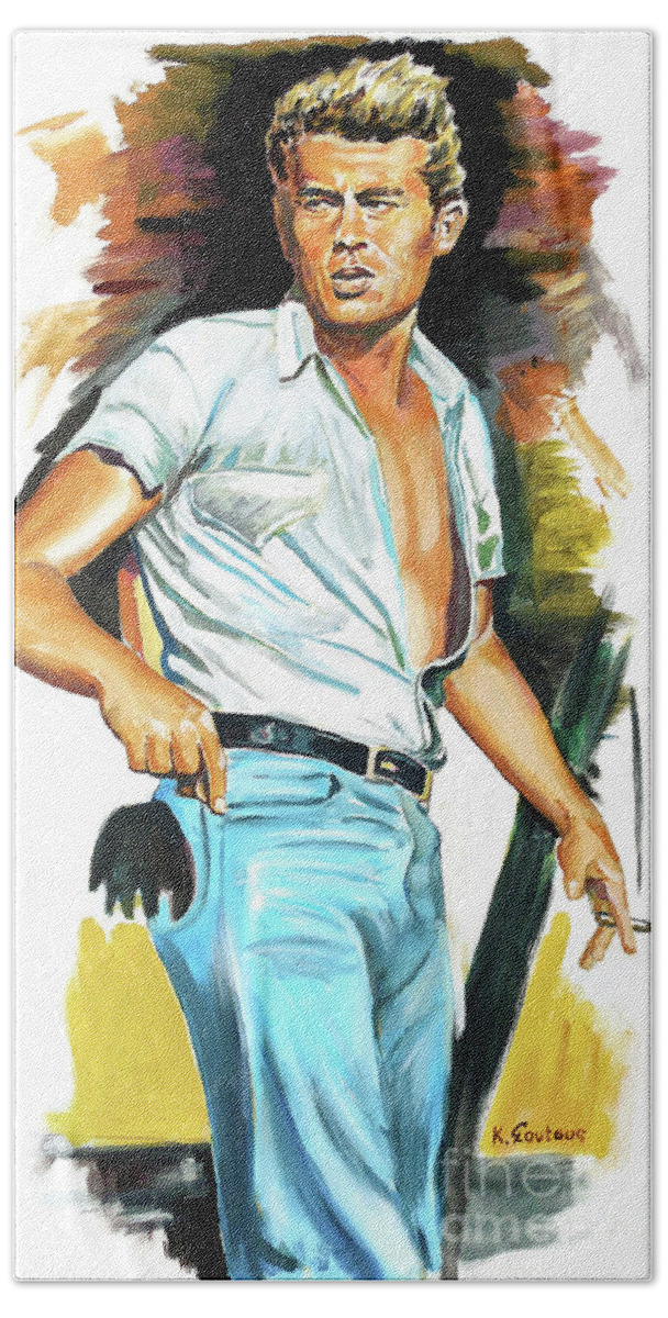James Beach Towel featuring the painting James Dean - Giant by Star Portraits Art