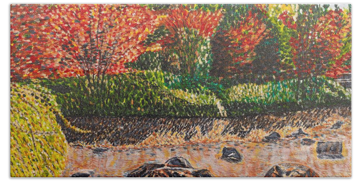Landscape Beach Towel featuring the painting Japanese Maple Trees at the Creek by Valerie Ornstein