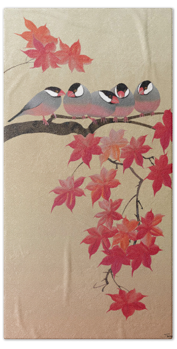 Bird Beach Towel featuring the digital art Java Sparrows in Japanese Maple Tree by M Spadecaller