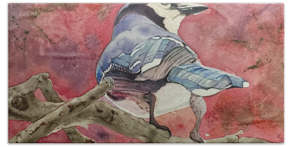 Blue Jay Beach Sheet featuring the painting Jay in the Japanese Maple by Sonja Jones
