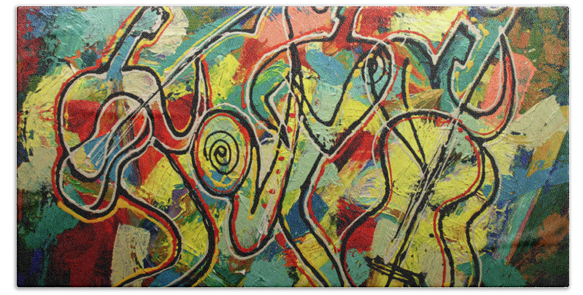 Jazz Paintings Beach Sheet featuring the painting Jazz Rock by Leon Zernitsky
