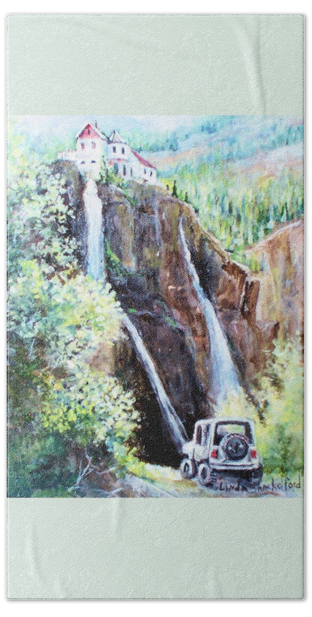 Waterfall Beach Towel featuring the painting Jeeping at Bridal Falls by Linda Shackelford