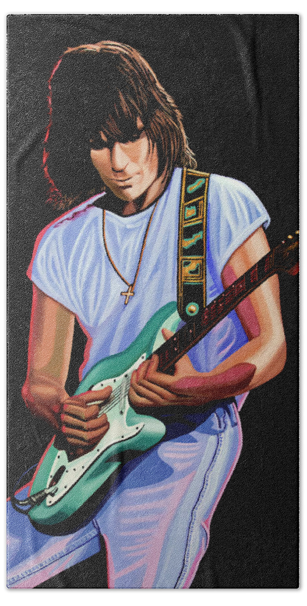 Jeff Beck Beach Towel featuring the painting Jeff Beck Painting by Paul Meijering