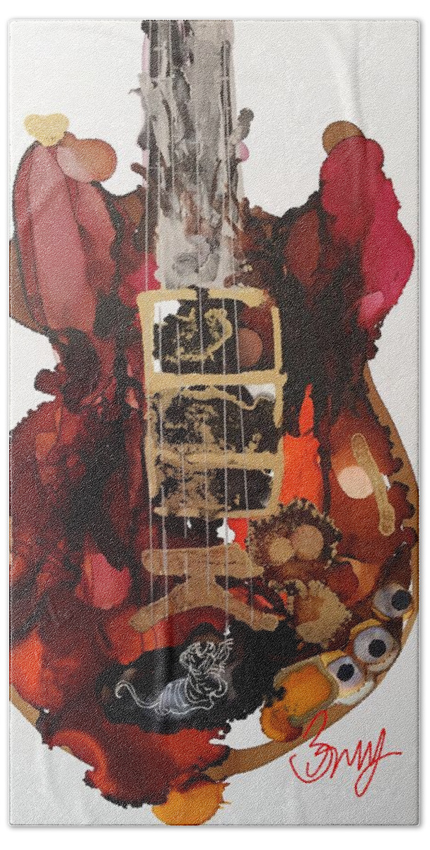 Abstract Beach Towel featuring the painting Jerry Garcias Tiger Guitar by Bonny Butler