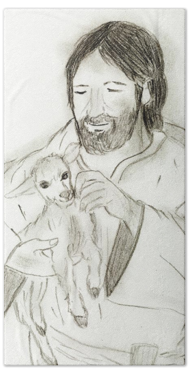 Jesus Beach Towel featuring the drawing Jesus holding Lamb by Sonya Chalmers
