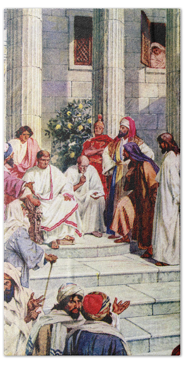 Jesus Is Taken To Pontius Pilate Beach Towel featuring the drawing Jesus is taken to Pontius Pilate by William Brassey Hole