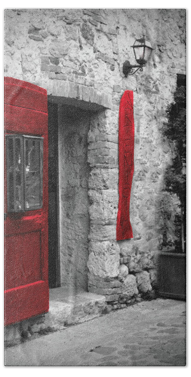 Romantic Street Beach Towel featuring the photograph Jewelry Store with Red Door in Monteregionni, Tuscany, Italy by Lily Malor