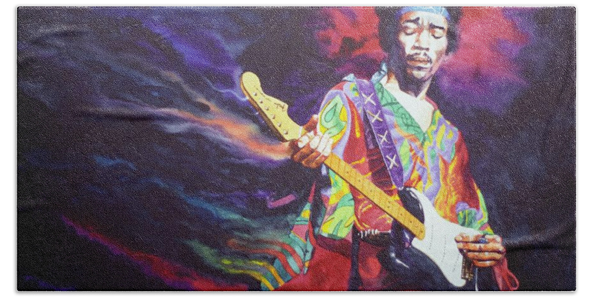 Guitarists Beach Towel featuring the painting Jimi Hendrix Dissolve by Ken Meyer jr