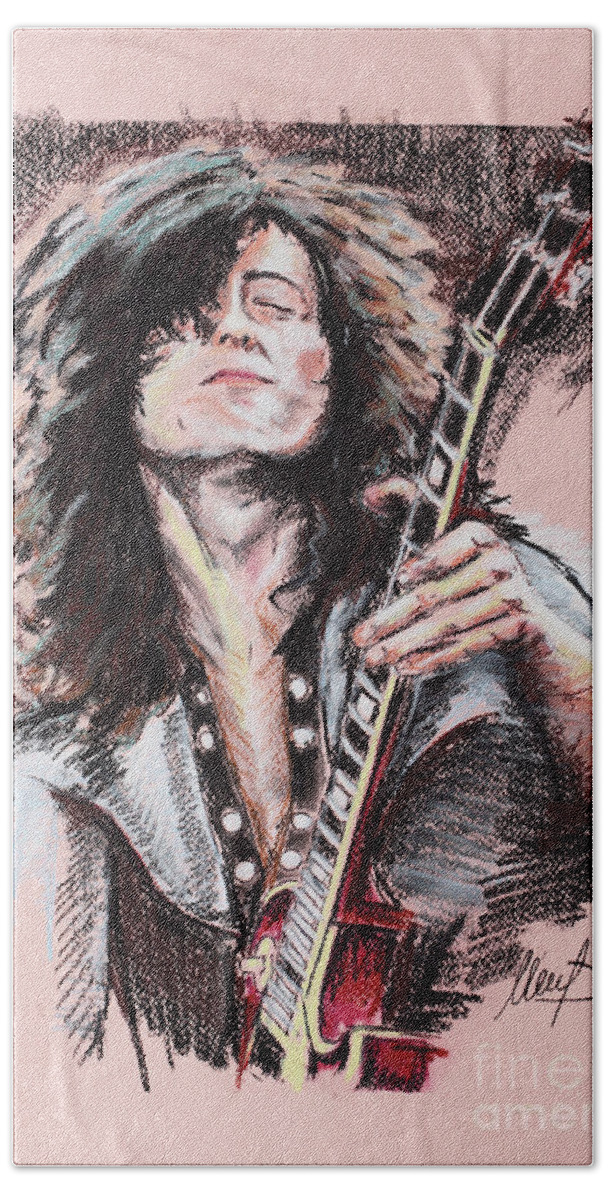Jimmy Page Beach Towel featuring the pastel Jimmy Page by Melanie D