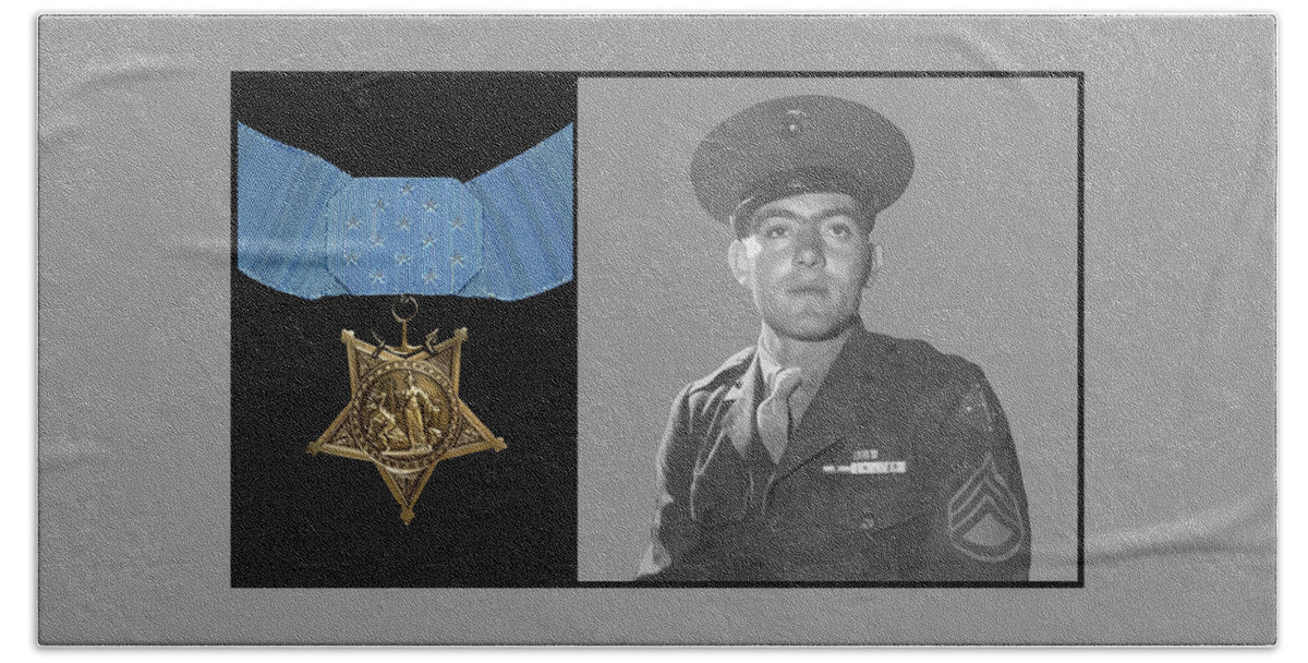 Medal Of Honor Beach Towel featuring the painting John Basilone and The Medal of Honor by War Is Hell Store