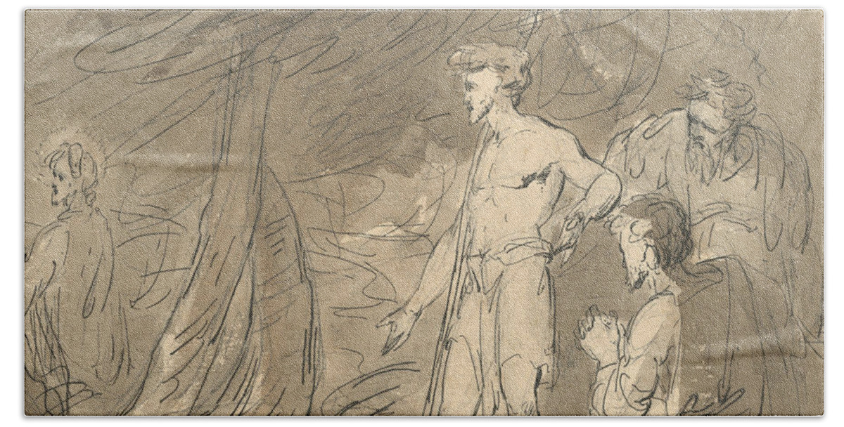 19th Century Art Beach Towel featuring the drawing John the Baptist and Two Men, with Christ by William Hamilton
