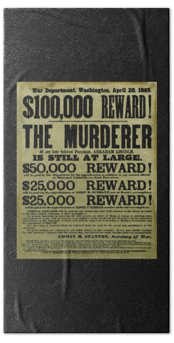 Wanted Beach Towel featuring the mixed media John Wilkes Booth Wanted Poster by War Is Hell Store