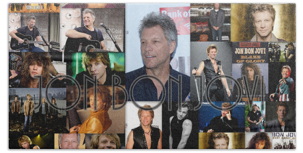 Jon Bon Jovi Beach Towel featuring the mixed media Jon Bon Jovi Collage by April Cook