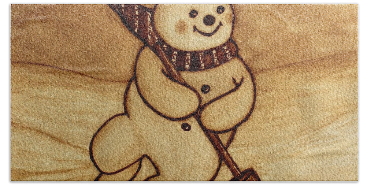 Snowman Skating Beach Towel featuring the painting Joyful Snowman coffee paintings by Georgeta Blanaru