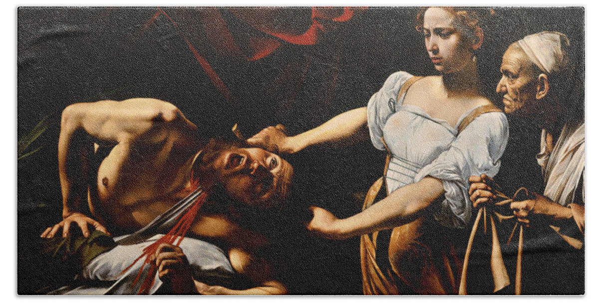 Caravaggio Beach Towel featuring the painting Judith and Holofernes by Caravaggio