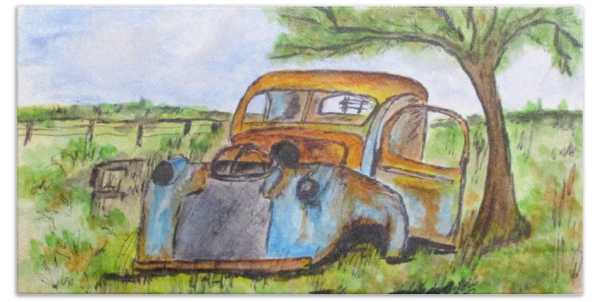 Junk Cars Beach Sheet featuring the painting Junk Car And Tree by Clyde J Kell