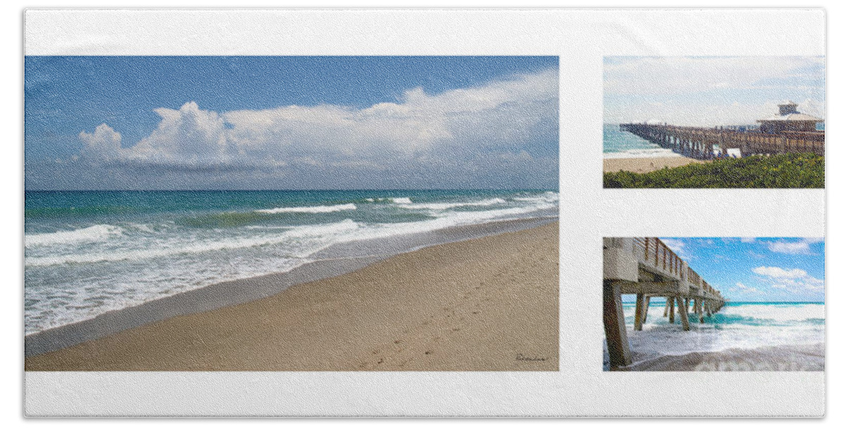 Beach Beach Towel featuring the photograph Juno Beach Pier Florida Seascape Collage 2 by Ricardos Creations