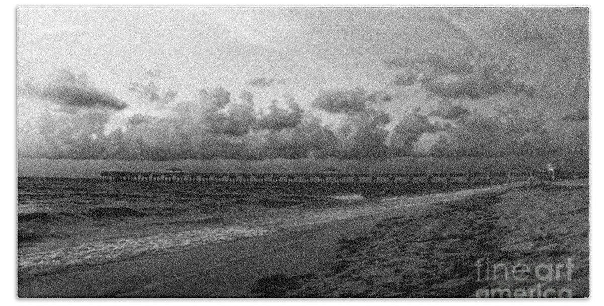 Art Beach Towel featuring the photograph Juno Beach Pier Florida Sunrise Seascape C7 Black and White by Ricardos Creations