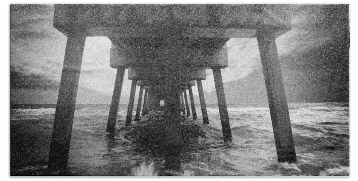 B&w Beach Towel featuring the photograph Juno Beach Pier Sunrise Seascape Black and White D8 by Ricardos Creations