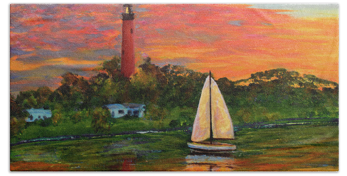 Delray Beach Towel featuring the painting Jupiter Lighthouse Sunrise Alt by Ken Figurski