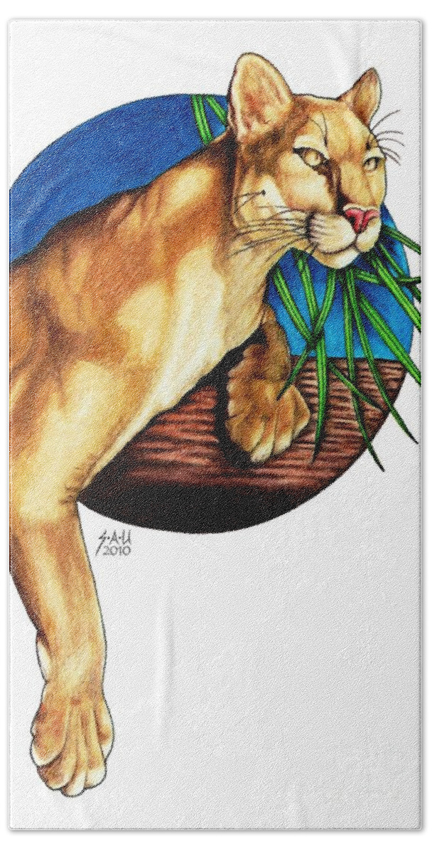 Cougar Beach Towel featuring the drawing Just Hanging Around by Sheryl Unwin