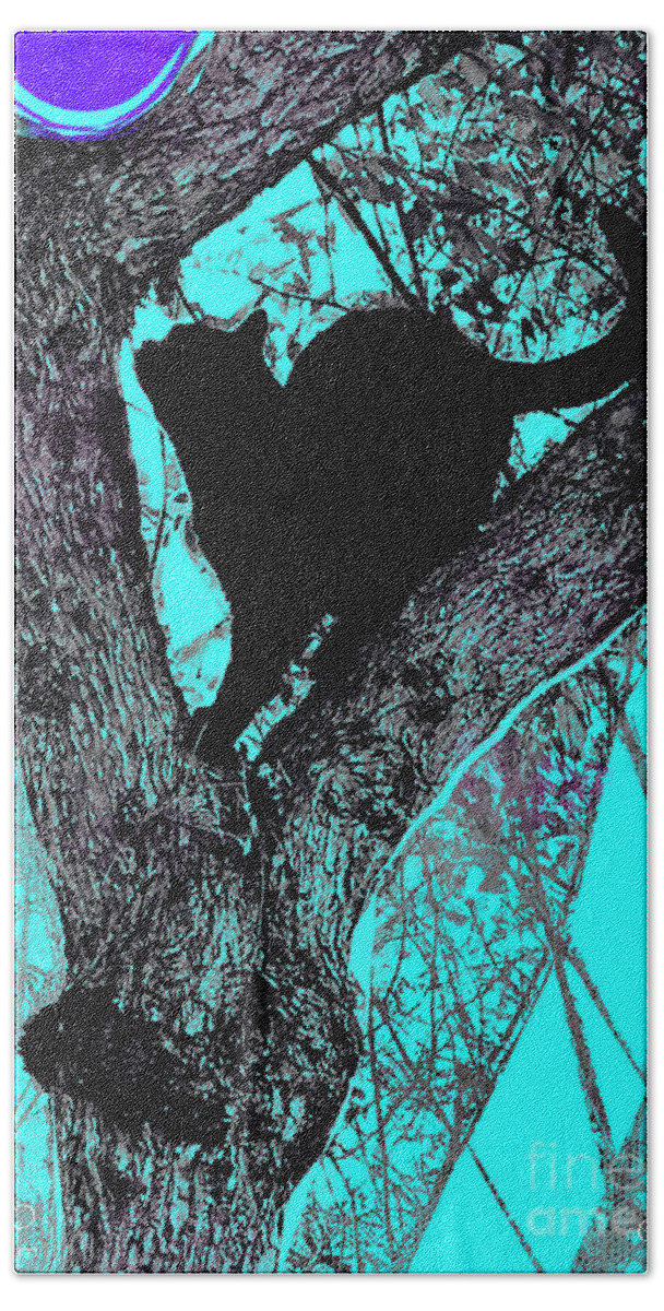 Figurative Abstraction Beach Towel featuring the mixed media Black Cat- Violet Moon by Zsanan Studio