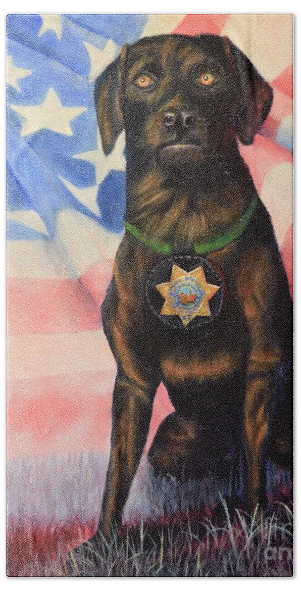K-9 Beach Towel featuring the painting K-9 Officer Rodney by Sherry Strong