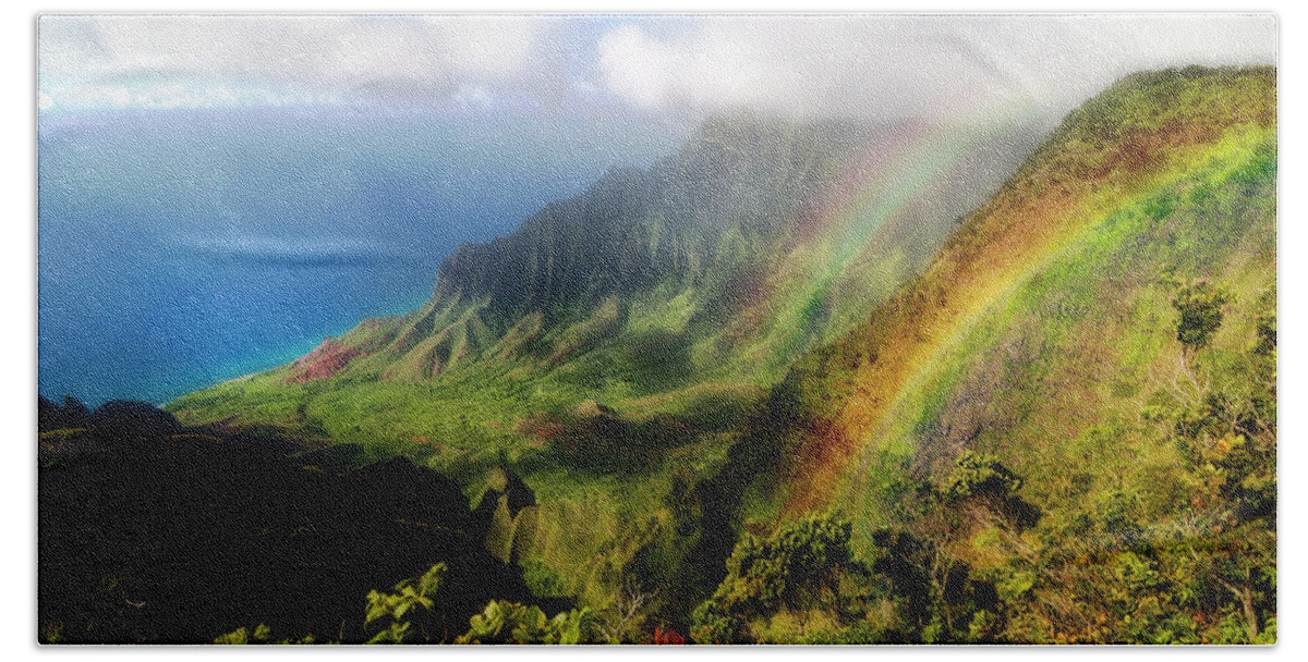 Lifeguard Beach Towel featuring the photograph Kalalau Valley Double Rainbows Kauai, Hawaii by Lawrence Knutsson