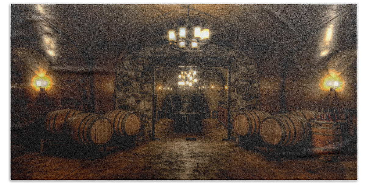 Hdr Beach Towel featuring the photograph Karma Winery Cave by Brad Granger